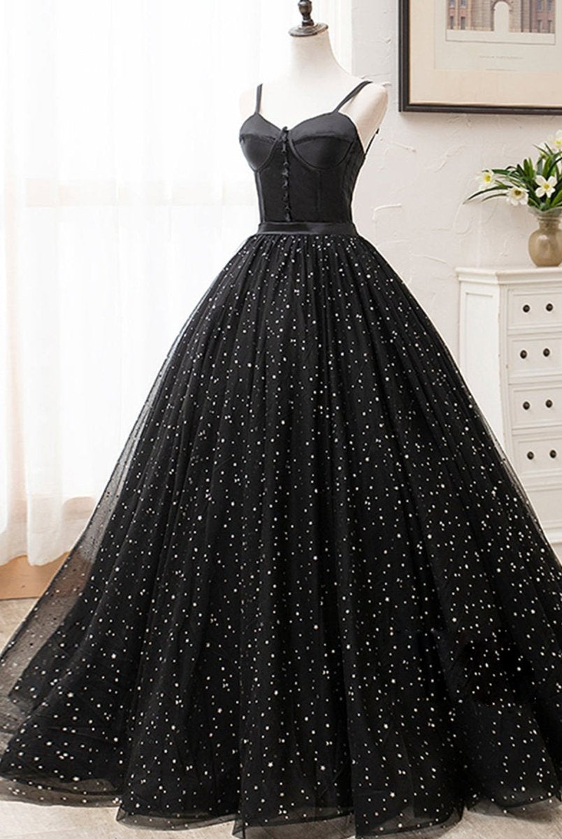 V Neck Glitter Black Long Prom Dress - KissProm