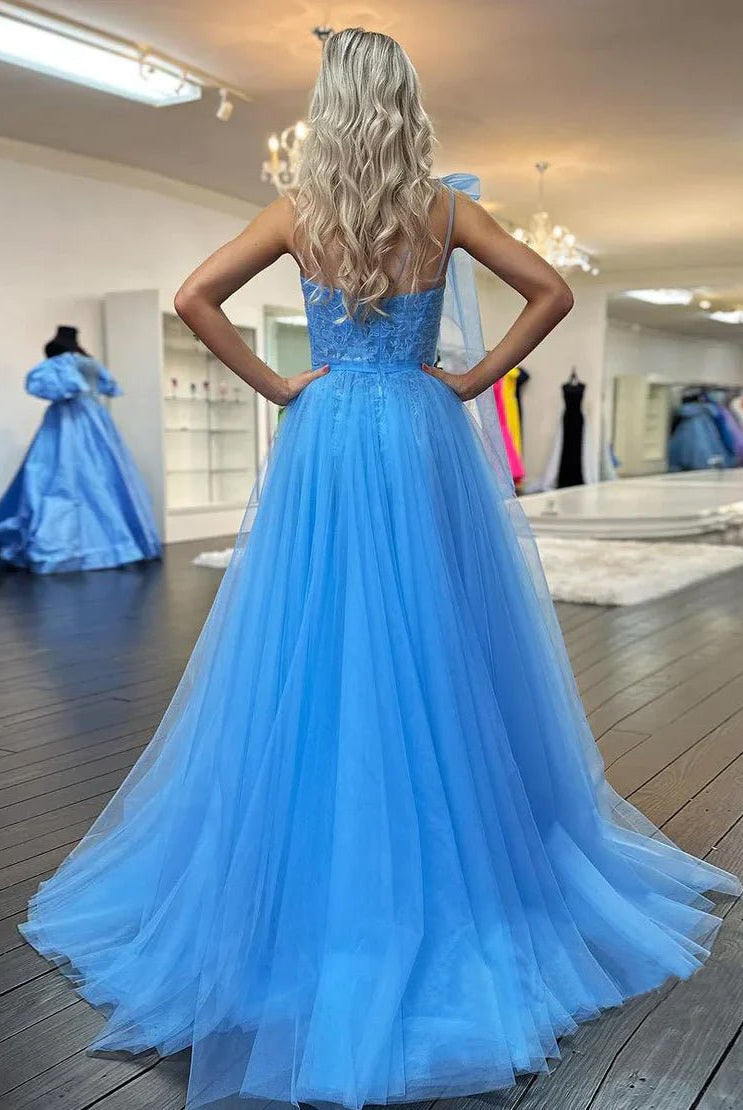 Ximena | Cute A Line One Shoulder Blue Tulle Prom Dress with Appliques - KissProm