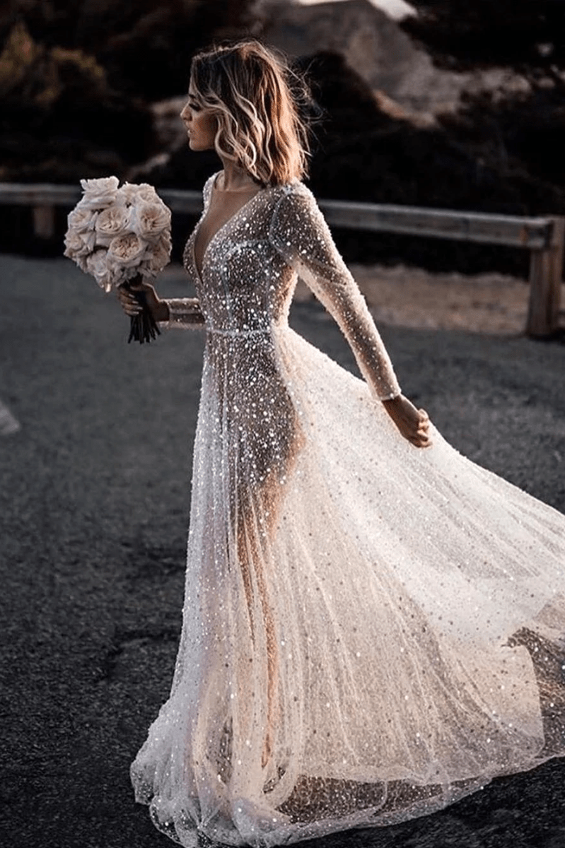 Frayah | Bohemian A-Line Sparkly Sequined Luxury Wedding Dresses – KissProm