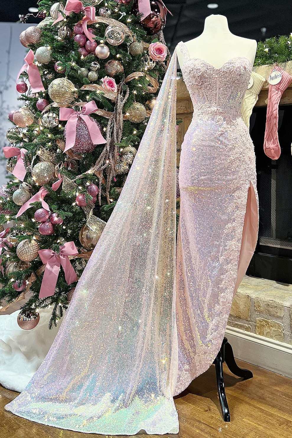 Pink Sequin Lace Sweetheart High-Low Prom Dress with Attached Train Pink Sequin Lace Sweetheart High-Low Prom Dress with Attached Train