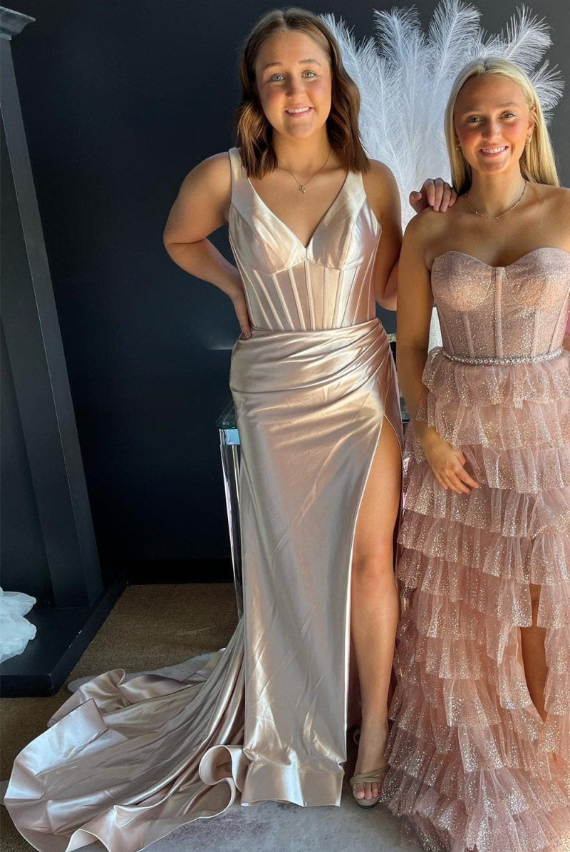 Lara | Grape Mermaid Satin V Neck Long Prom Dress with Slit