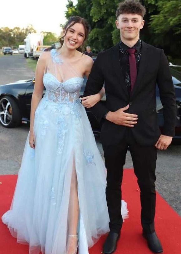 A Line One Shoulder Black Long Prom Dress with Appliques