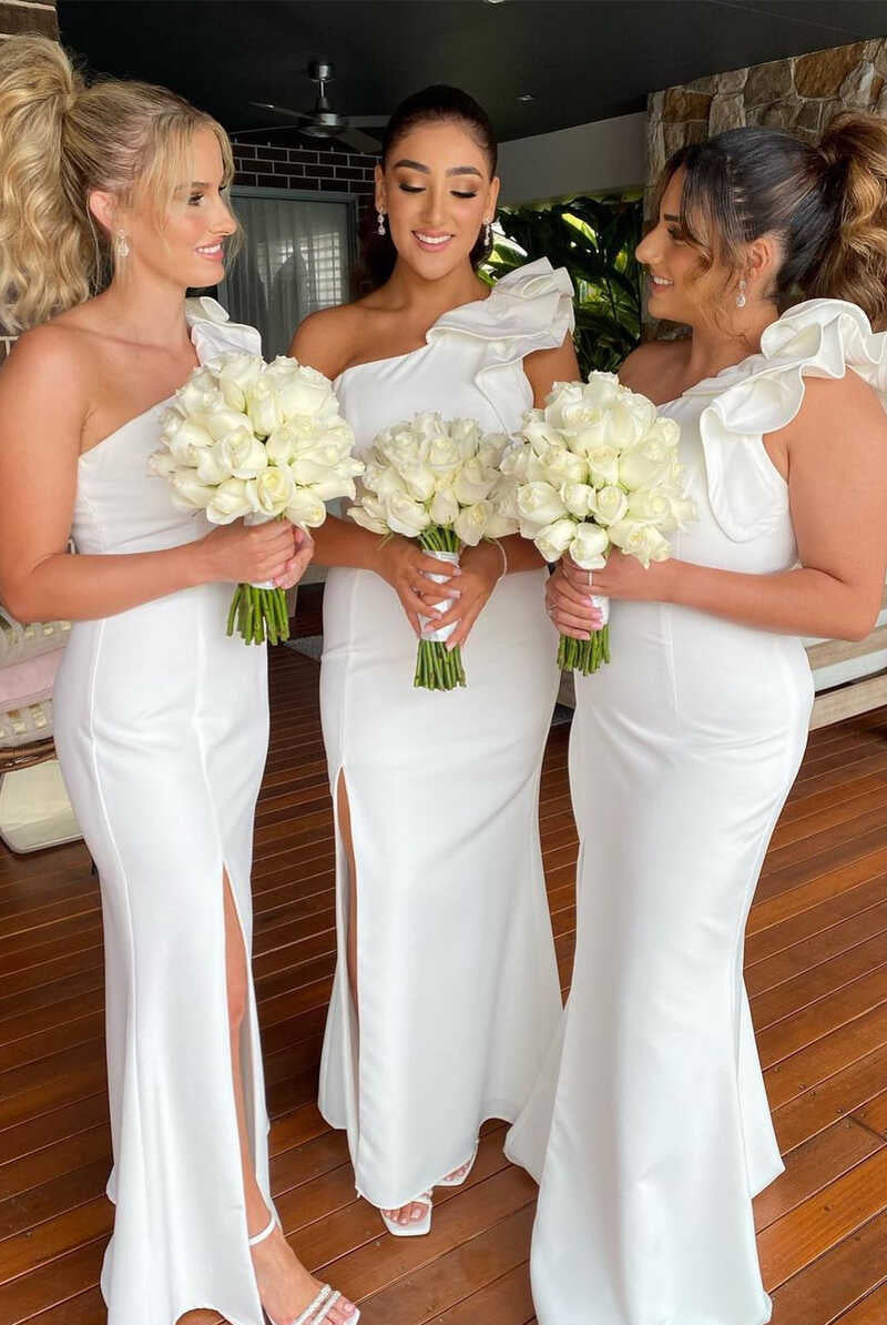 White One - Shoulder Flower Mermaid Long Bridesmaid Dress - KissProm