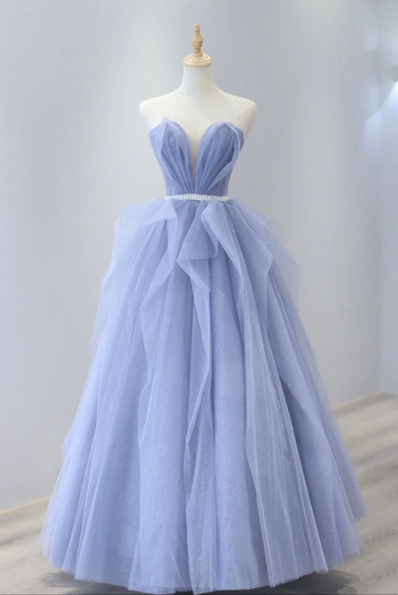 Aleah | Blue Strapless Tulle Long Prom Dress, Lovely Sweetheart Neckline Evening Dress - KissProm