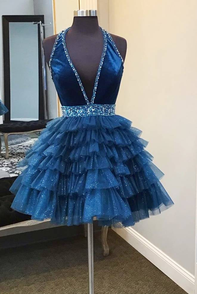 Blue Halter Multi-Layered Tulle Homecoming Dress