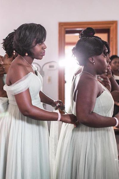 Off the Shoulder A - line Light Grey Chiffon Long Bridesmaid Dress - KissProm