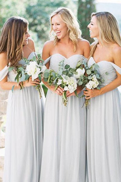 Off the Shoulder A - line Light Grey Chiffon Long Bridesmaid Dress - KissProm