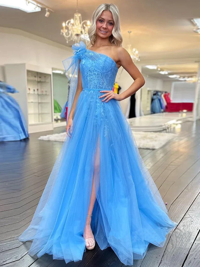 Ximena | Cute A Line One Shoulder Blue Tulle Prom Dress with Appliques - KissProm