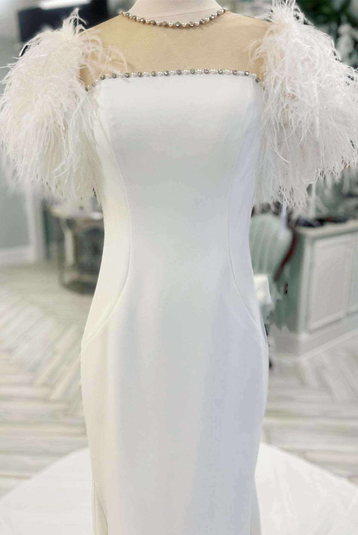 White Feather Illusion Neck Mermaid Long Wedding Dress