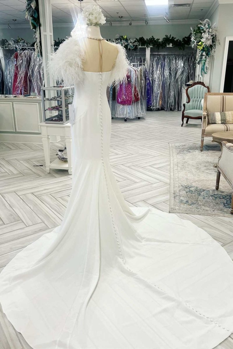 White Feather Illusion Neck Mermaid Long Wedding Dress