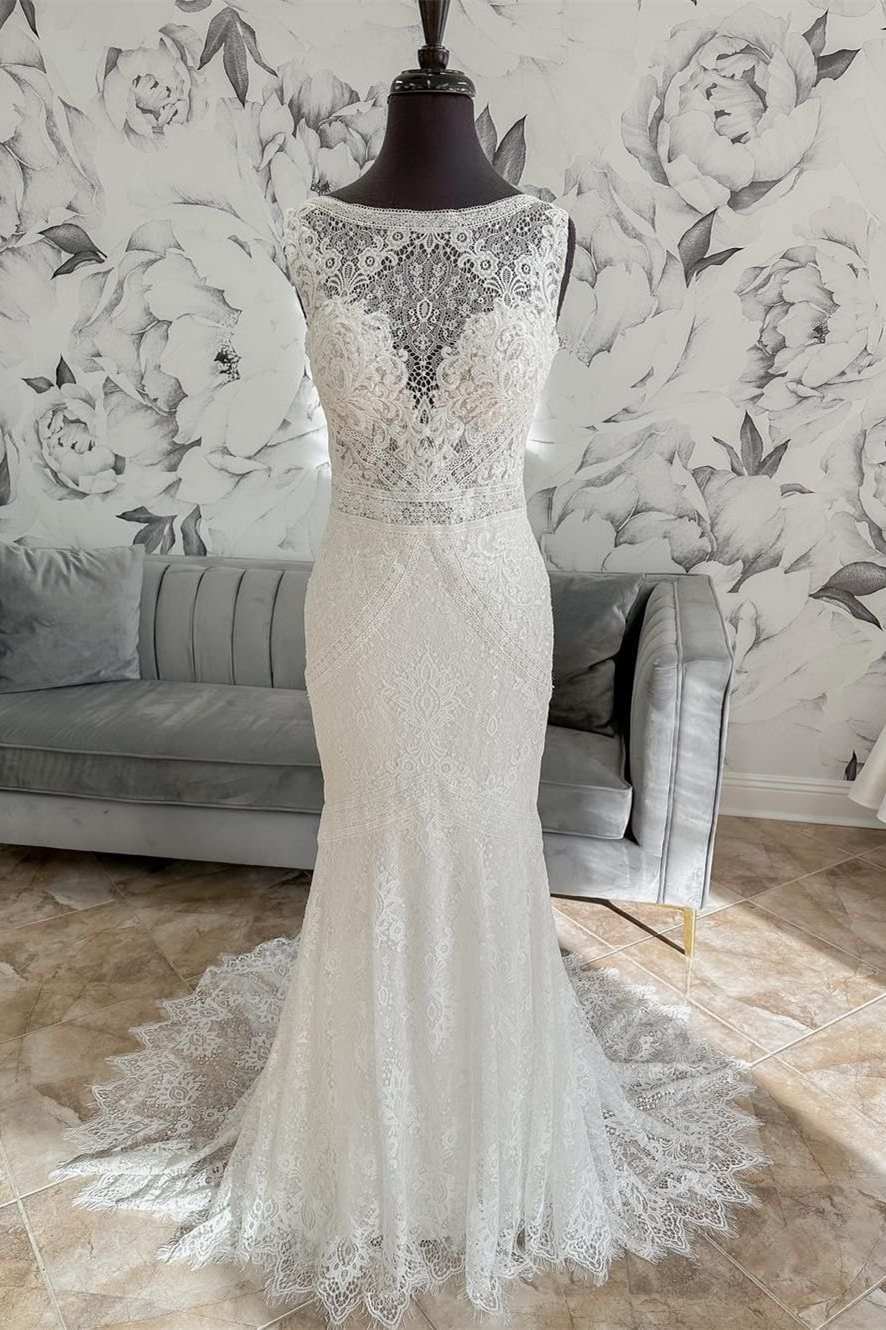 White Lace Open Back Mermaid Long Wedding Dress White Lace Open Back Mermaid Long Wedding Dress