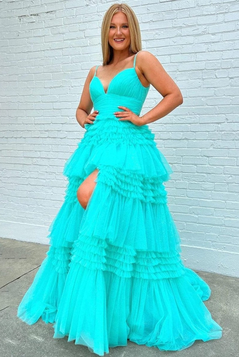 Amanda| A-Line Spaghetti Straps Long Tiered Tulle Prom Dress With Split