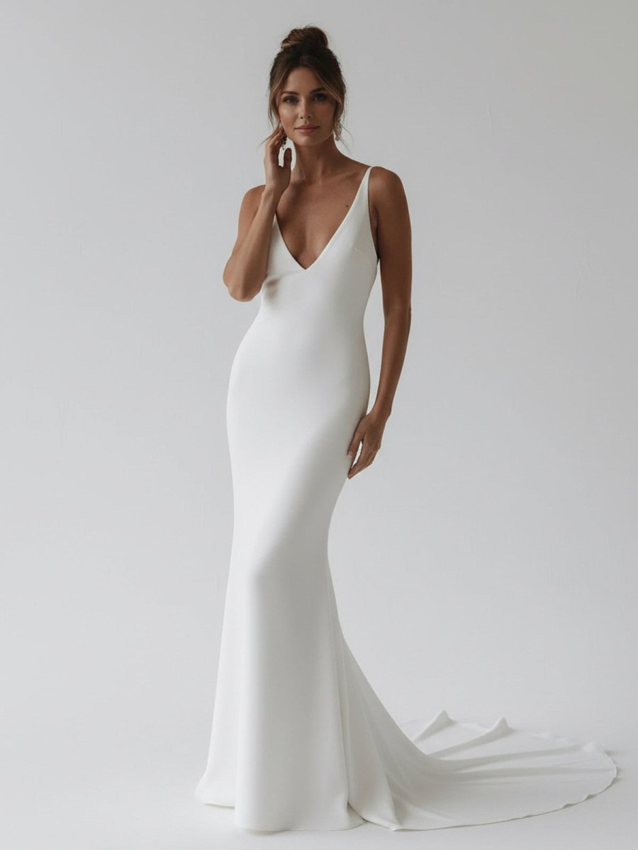 Elegant Mermaid V-Neck Elastic Satin Long Wedding Dresses, Diamond White / 18 Elegant Mermaid V-Neck Elastic Satin Long Wedding Dresses, Diamond White / 18