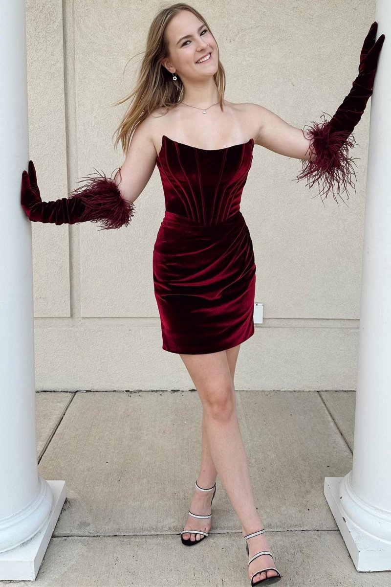 Wine Red Velvet Strapless Bodycon Short Homecoming Dress Burgundy / 10 / Velvet Wine Red Velvet Strapless Bodycon Short Homecoming Dress Burgundy / 10 / Velvet