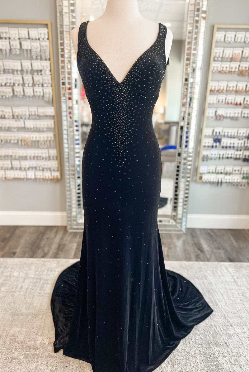 Emerald Velvet V - Neck Cutout Back Mermaid Long Formal Dress - KissProm