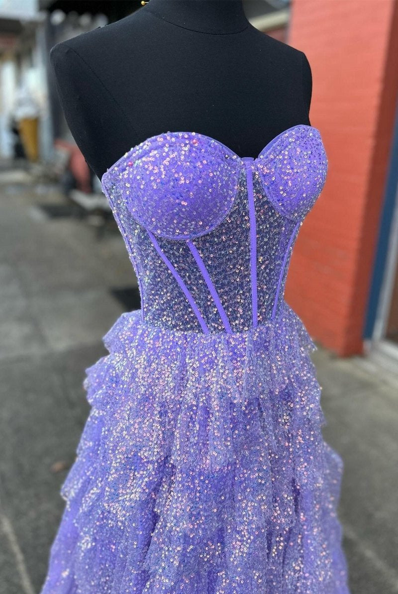 Eleanor | Glitter Tulle Corset Ruffle Tiered Long Prom Dress with Slit - KissProm