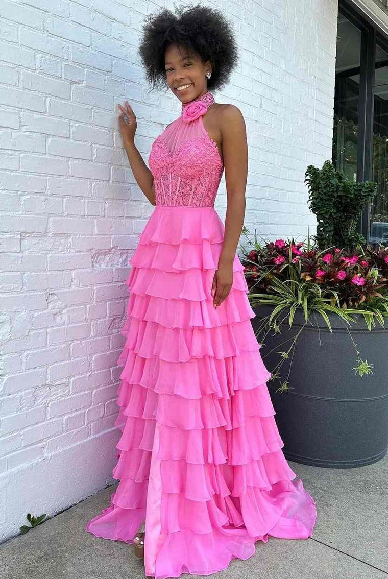 Emerie |A line High Neck Tiered Chiffon Prom Dress with 3D Flower