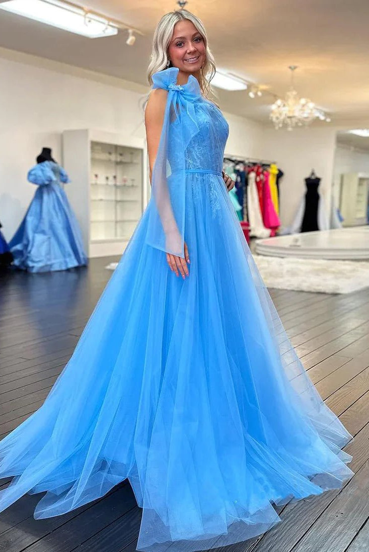 Ximena | Cute A Line One Shoulder Blue Tulle Prom Dress with Appliques - KissProm