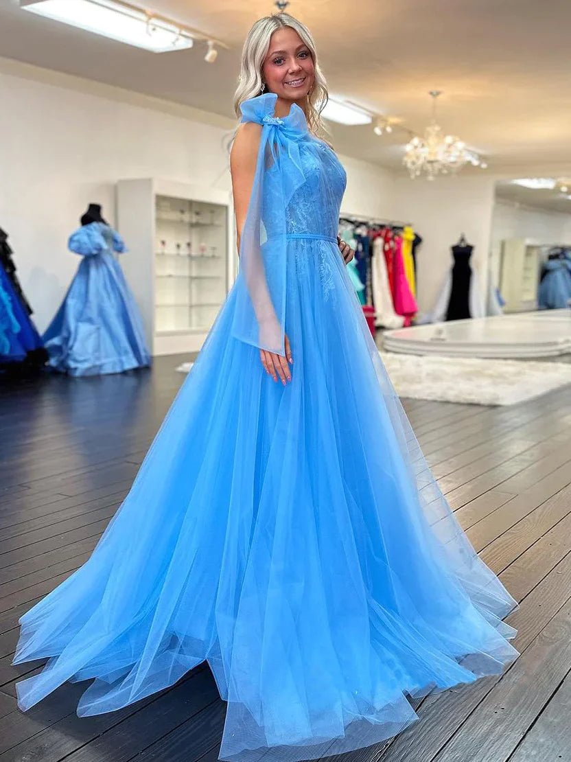 Ximena | Cute A Line One Shoulder Blue Tulle Prom Dress with Appliques - KissProm