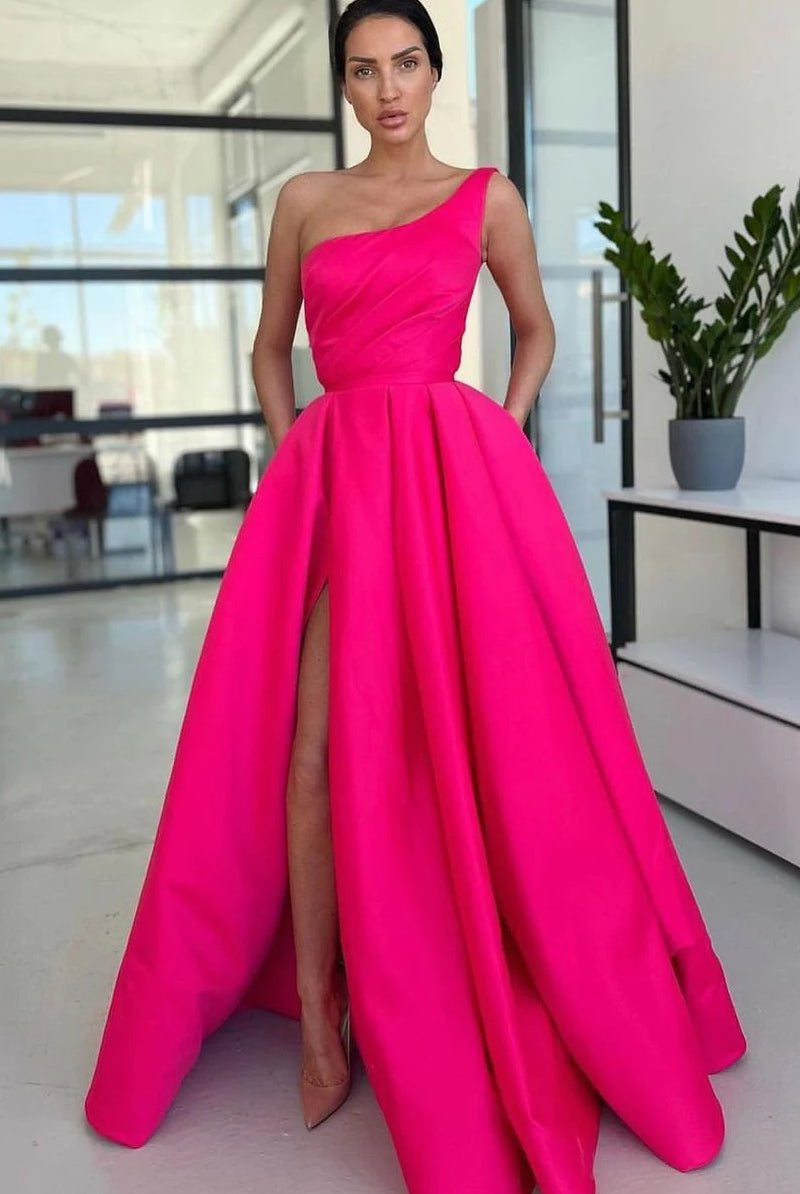 Ariella | Charming A Line One Shoulder Fuchsia Sequins Long Prom Dresses with Slit