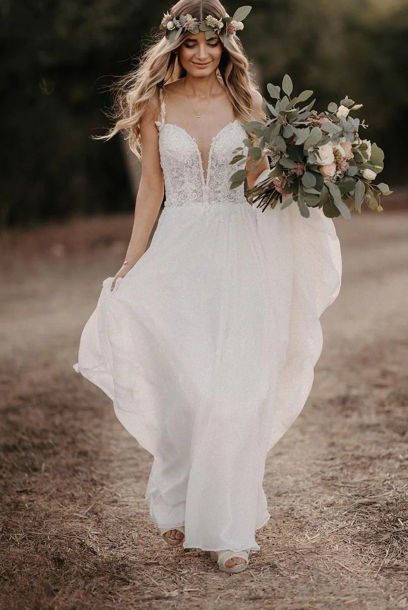 Roena | Fairy A-Line V-Neck Chiffon Long Wedding Dresses with Appliques
