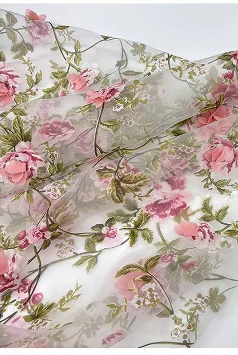 Light Blue Organza Plunge V A - Line Long Prom Dress with 3D Floral Lace - KissProm