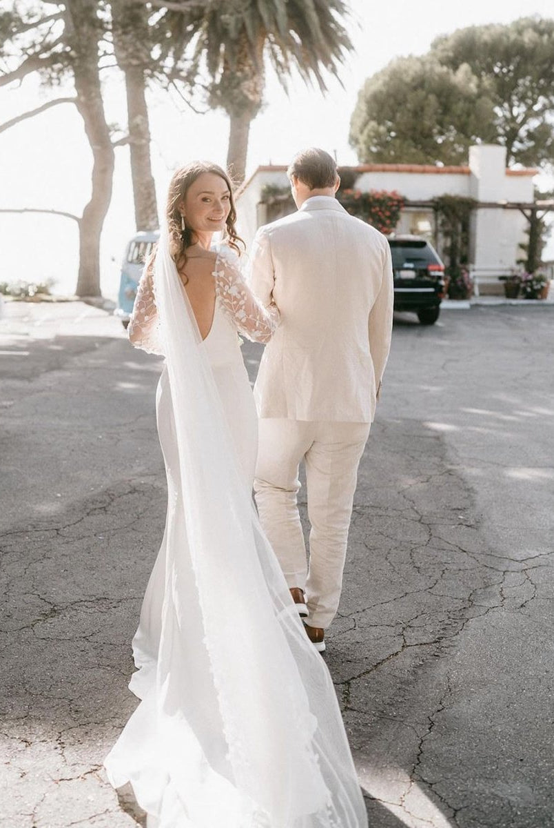 Fairy Mermaid Sweetheart Long Sleeves Satin Wedding Dresses with Appliques