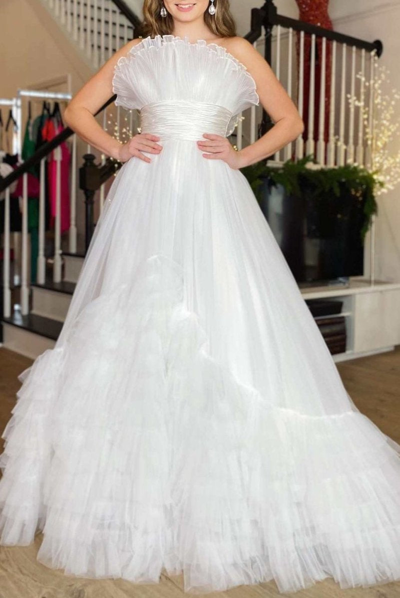 Alani |A-Line Strapless Pink Tiered Long Tulle Prom Dress