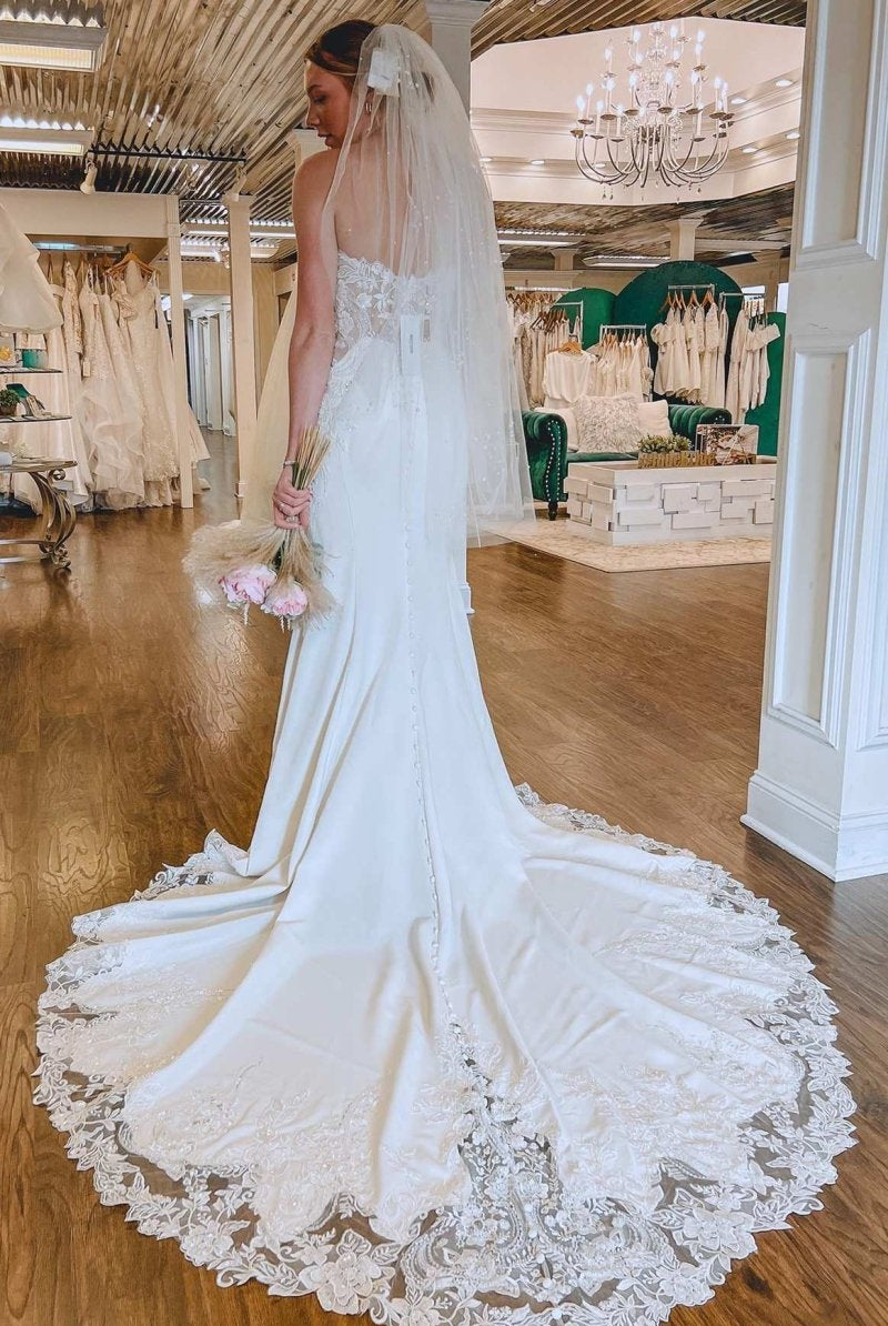 White Lace Strapless Mermaid Long Wedding Dress