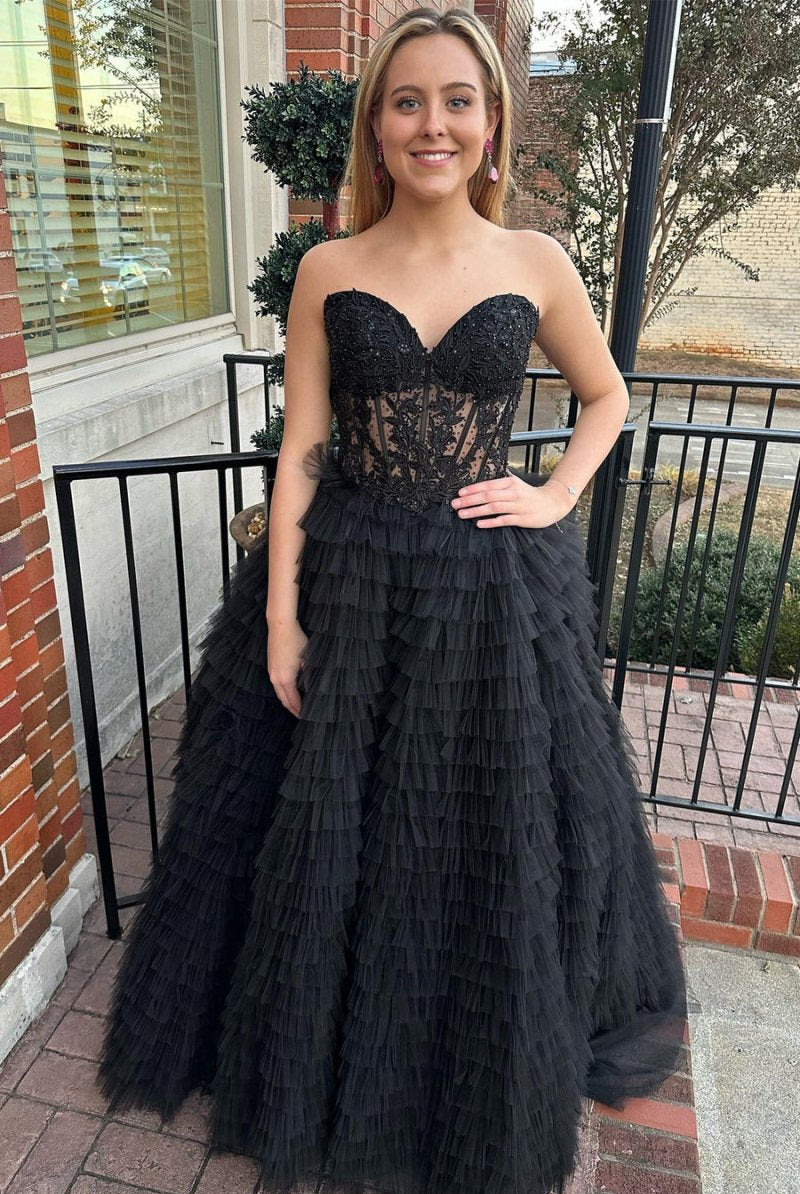 Addilyn |A-line Strapless Multi-Layers Tulle Prom Dress with Slit
