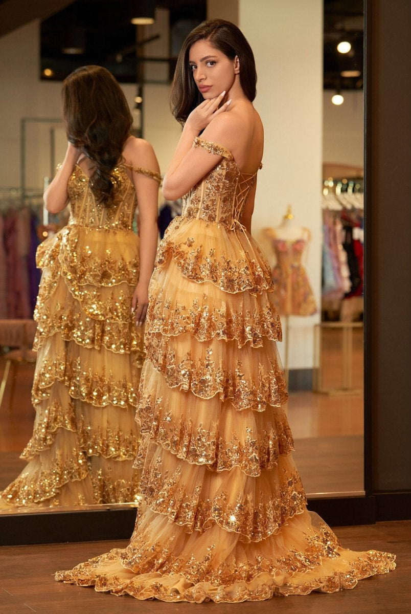 Gold Princess A Line Off the Shoulder Corset Prom Dress with Lace Ruffles - KissProm