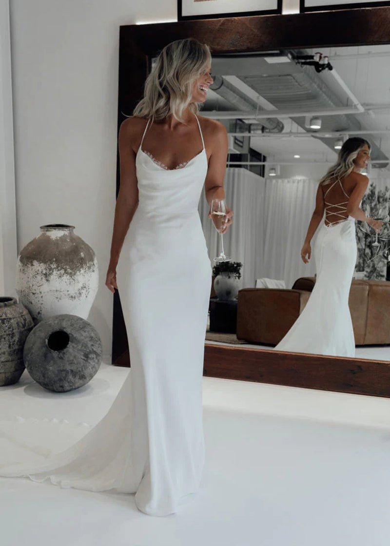 Cordelia | Mermaid Satin White Spaghetti-Straps Wedding Dresses With Lace-Up Back
