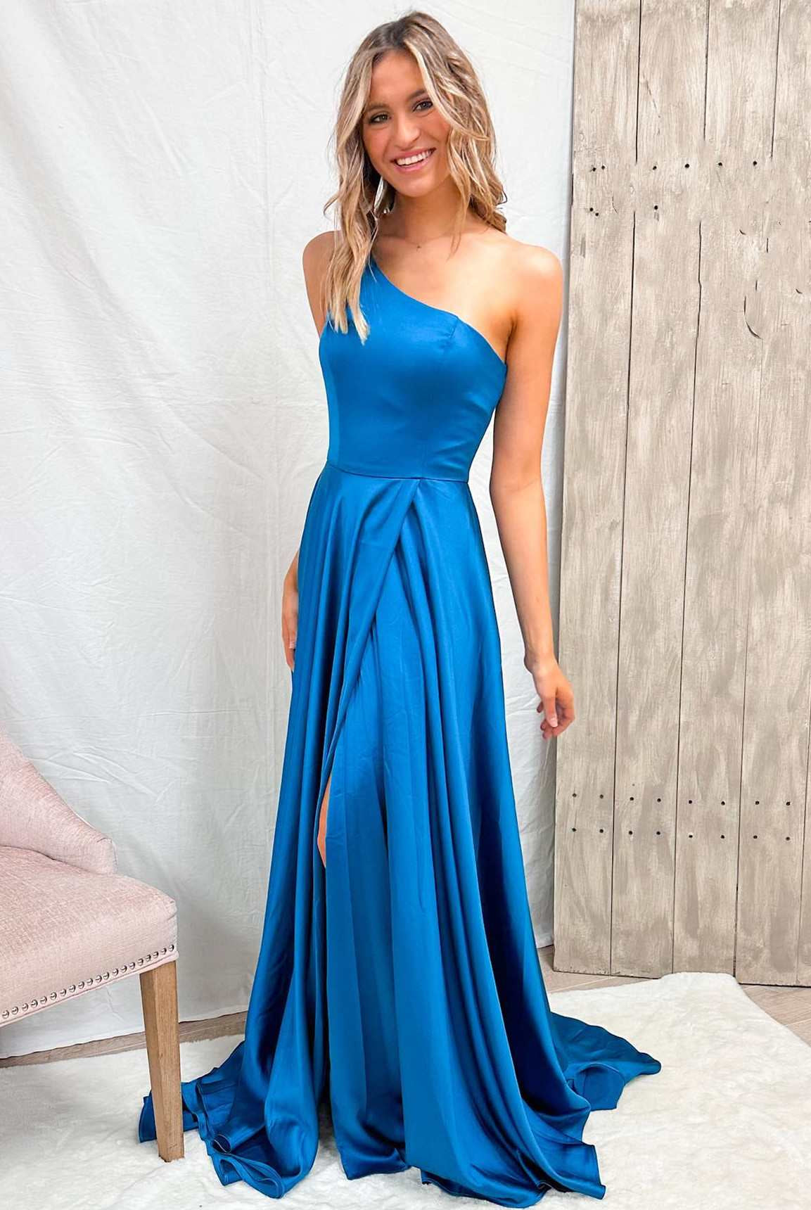 Blue One - Shoulder Wrap A - Line Prom Dress - KissProm