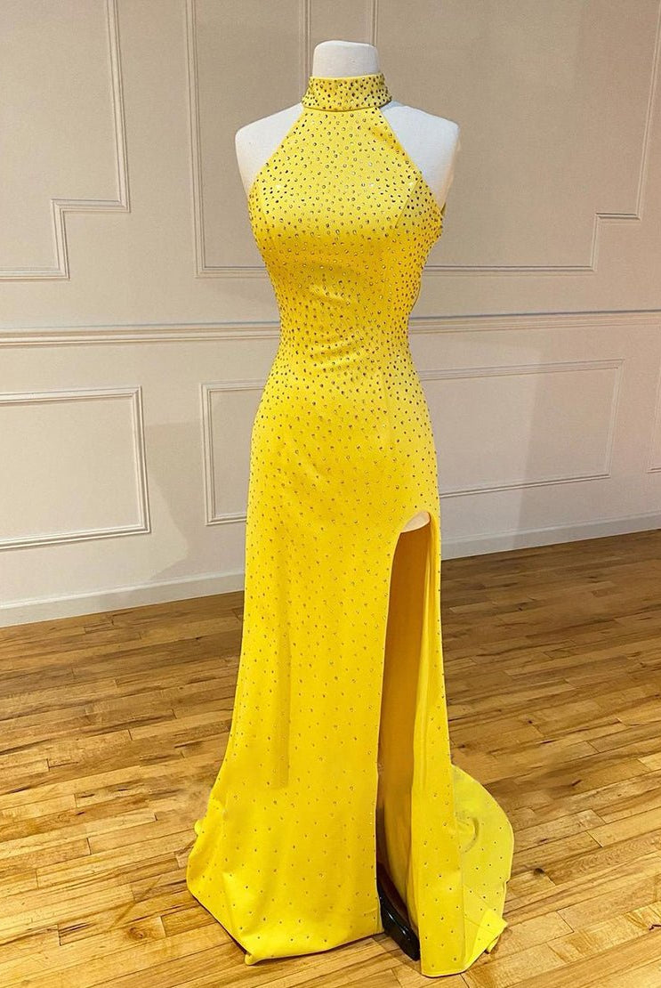 Aliyah | High Neck Mermaid Yellow Prom Dress with Split - KissProm