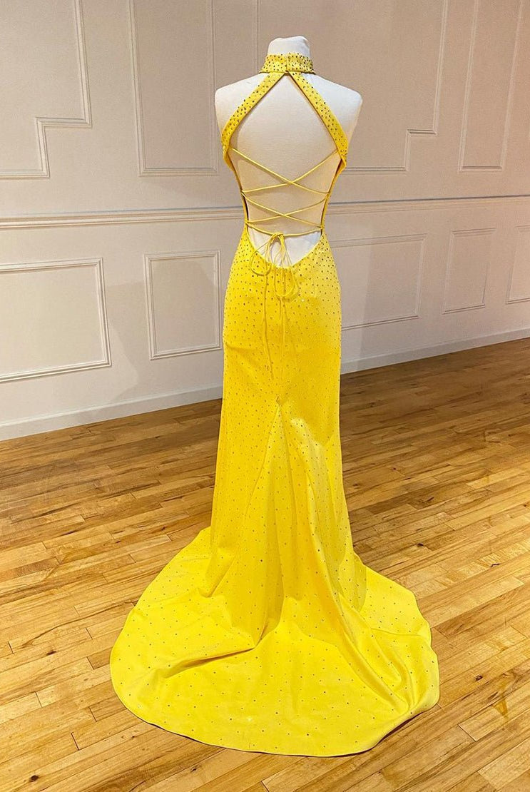 Aliyah | High Neck Mermaid Yellow Prom Dress with Split - KissProm