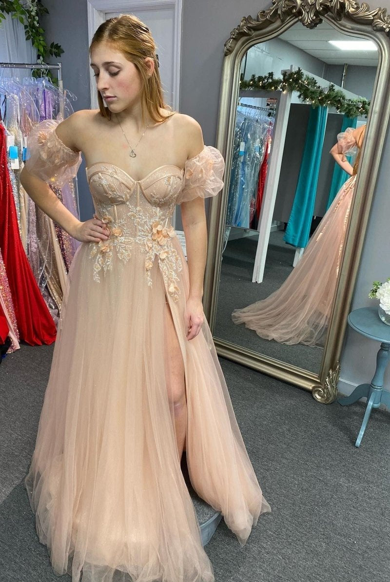 Tulle 3D Floral Lace Sweetheart A - Line Prom Dress with Slit - KissProm