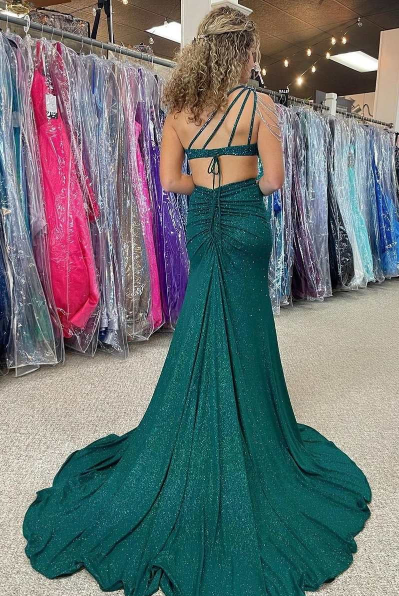 Itzel | One - Shoulder Hunter Green Beaded Mermaid Long Prom Dress with Slit - KissProm