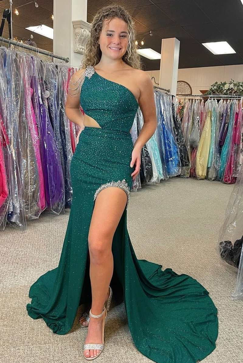 Itzel | One - Shoulder Hunter Green Beaded Mermaid Long Prom Dress with Slit - KissProm