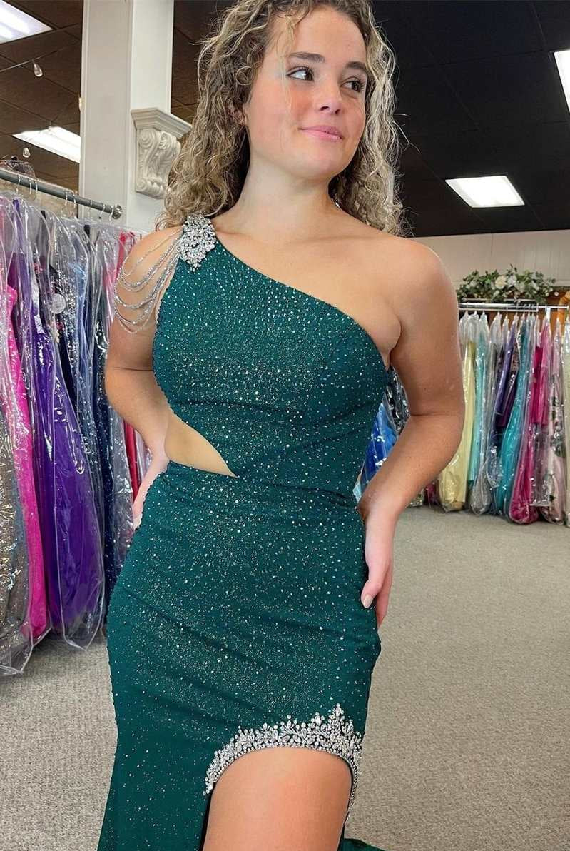 Itzel | One - Shoulder Hunter Green Beaded Mermaid Long Prom Dress with Slit - KissProm