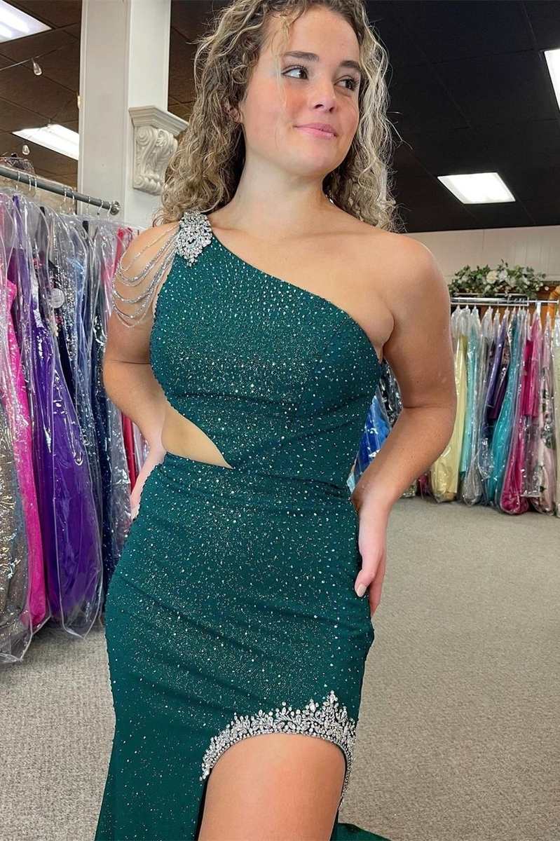 Itzel | One - Shoulder Hunter Green Beaded Mermaid Long Prom Dress with Slit - KissProm
