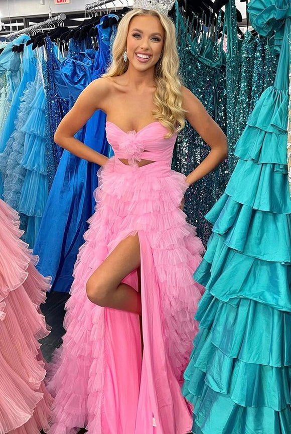 Reyna |Ball Gown Sweetheart Pink Tiered Printed Tulle Prom Dress