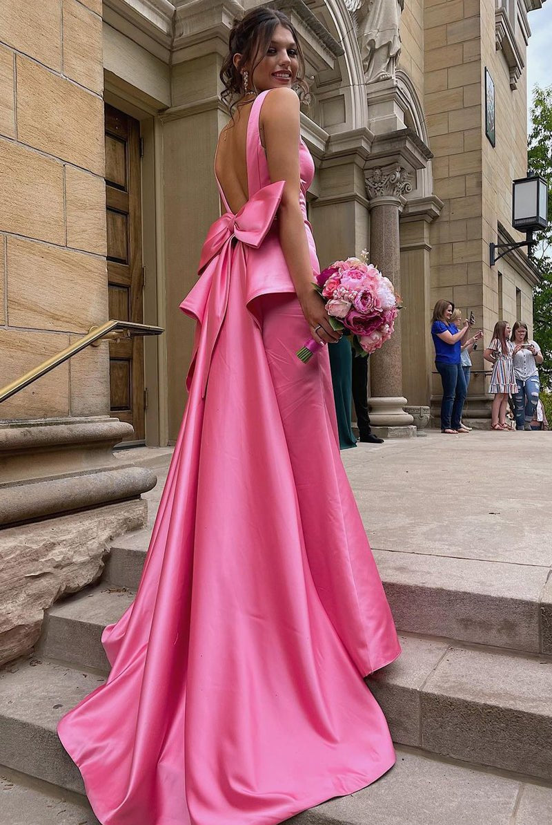 Esther | Cute Mermaid V Neck Pink Satin Long Prom Dresses with Big Bow