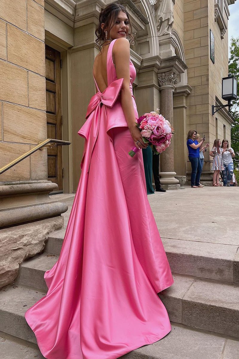 Cute Mermaid V Neck Pink Satin Long Prom Dresses with Big Bow Pink / 12 Cute Mermaid V Neck Pink Satin Long Prom Dresses with Big Bow Pink / 12