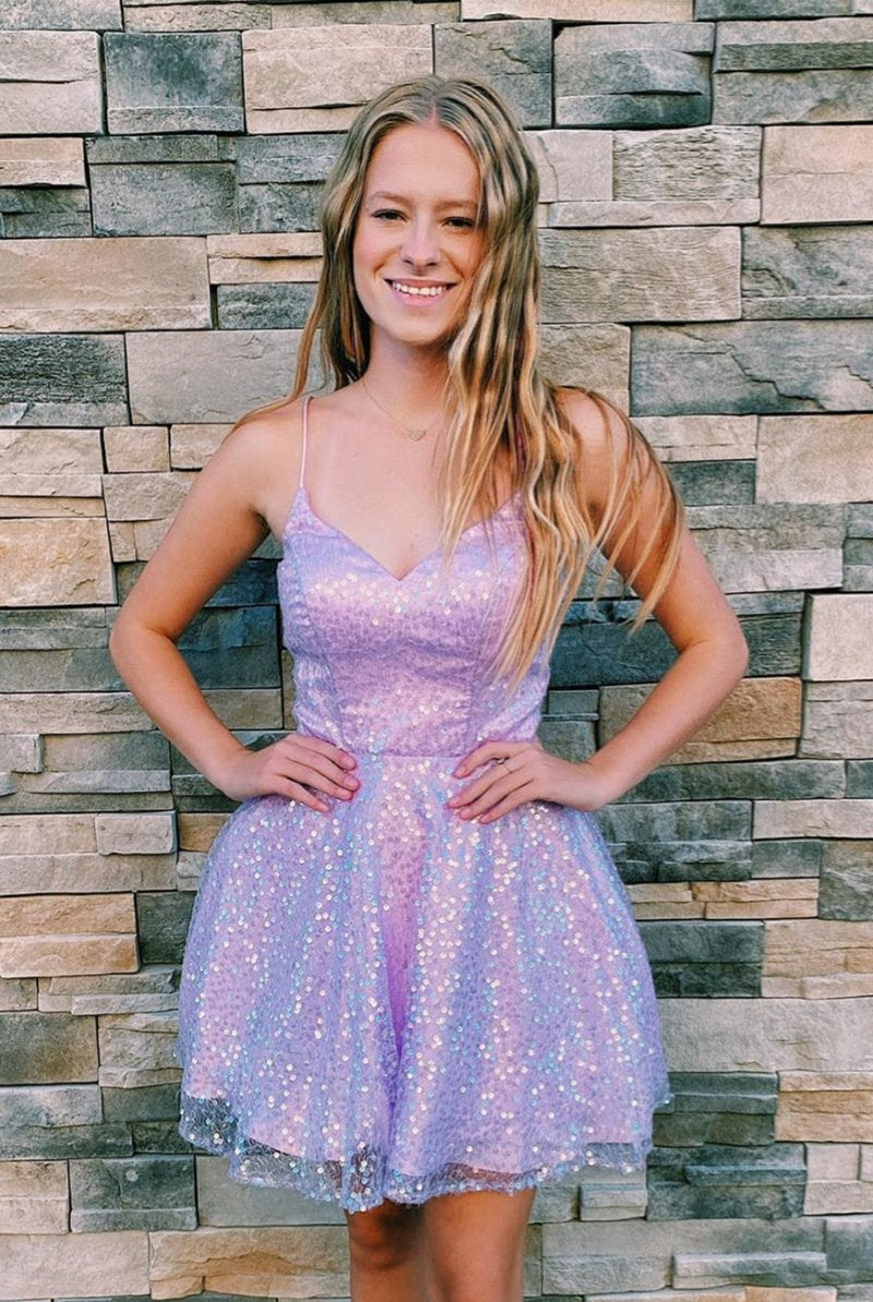 Chayla | Lilac A-line Sequins Straps V Neck Homecoming Dress