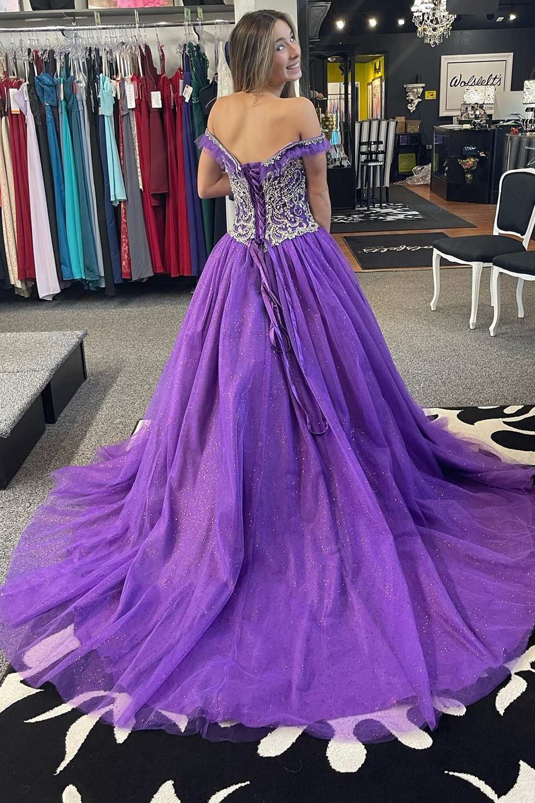 Quinceanera Dress Princess Purple Beaded Off - the - Shoulder Ball Gown - KissProm