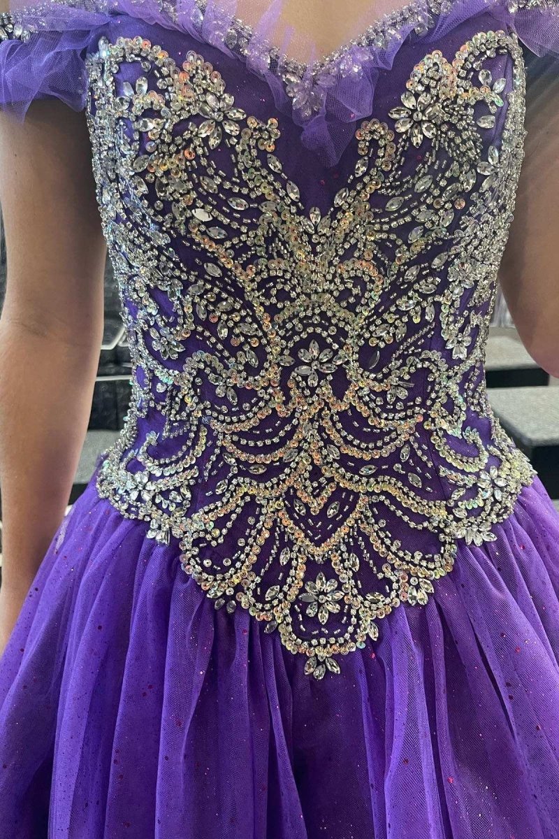 Quinceanera Dress Princess Purple Beaded Off - the - Shoulder Ball Gown - KissProm