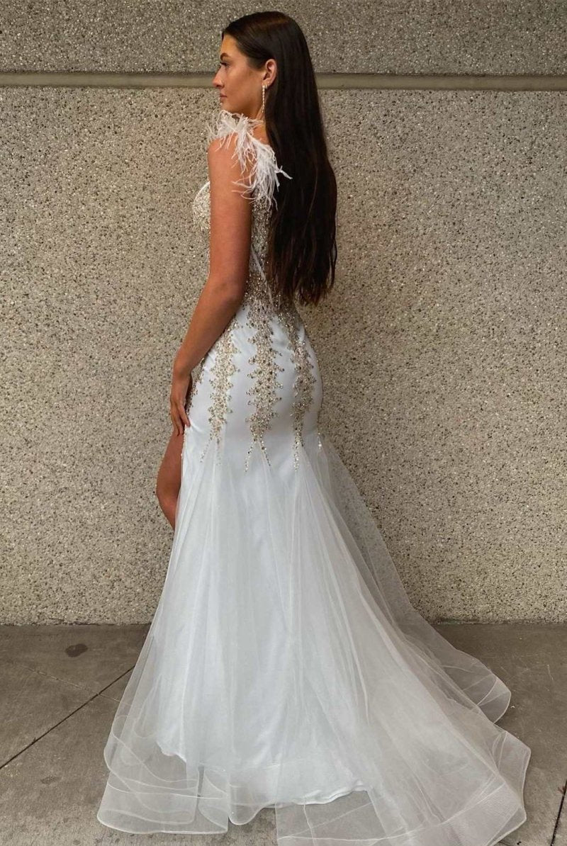 White Beaded Feather V - Neck Mermaid Long Formal Dress with Slit - KissProm