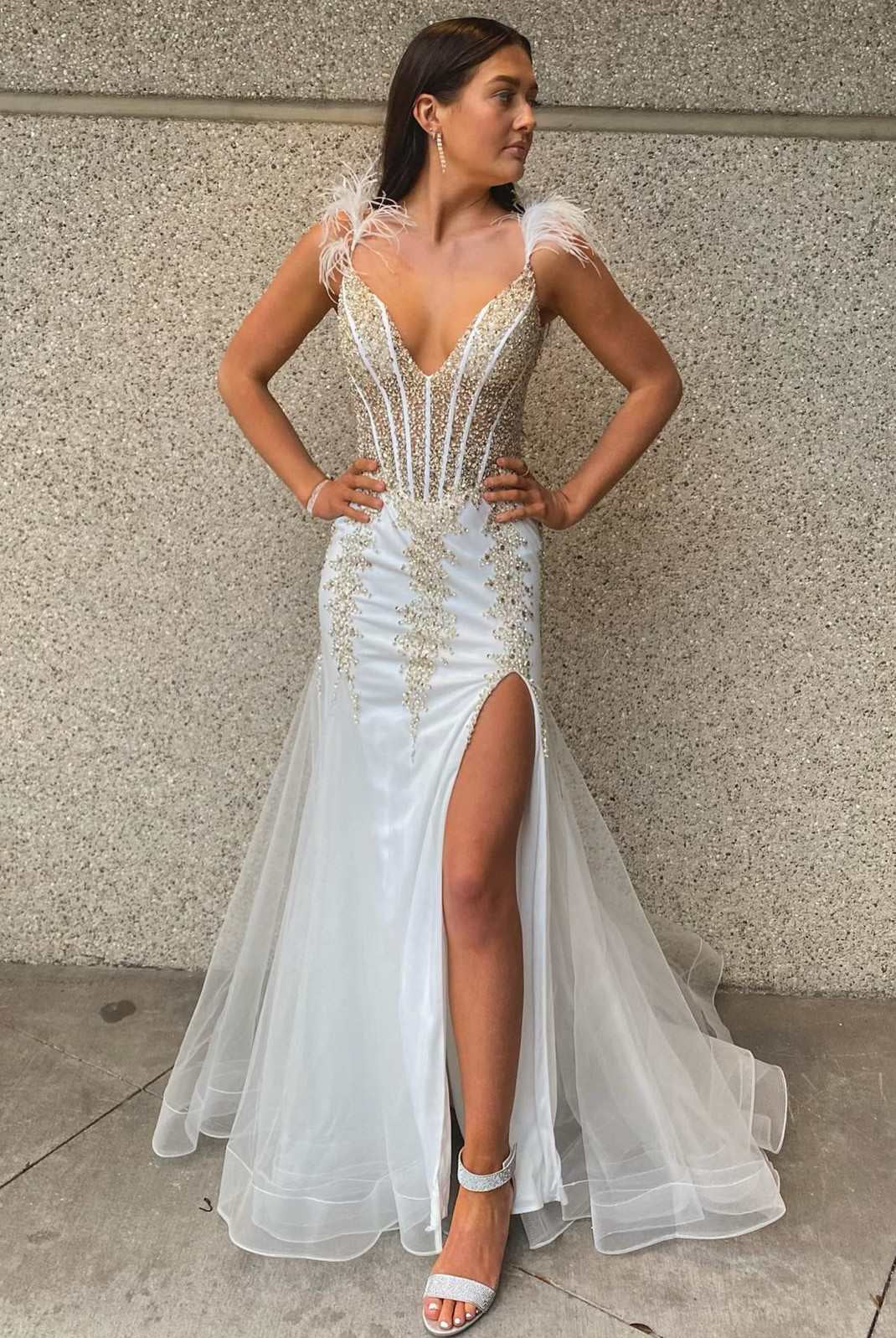 White Beaded Feather V - Neck Mermaid Long Formal Dress with Slit - KissProm
