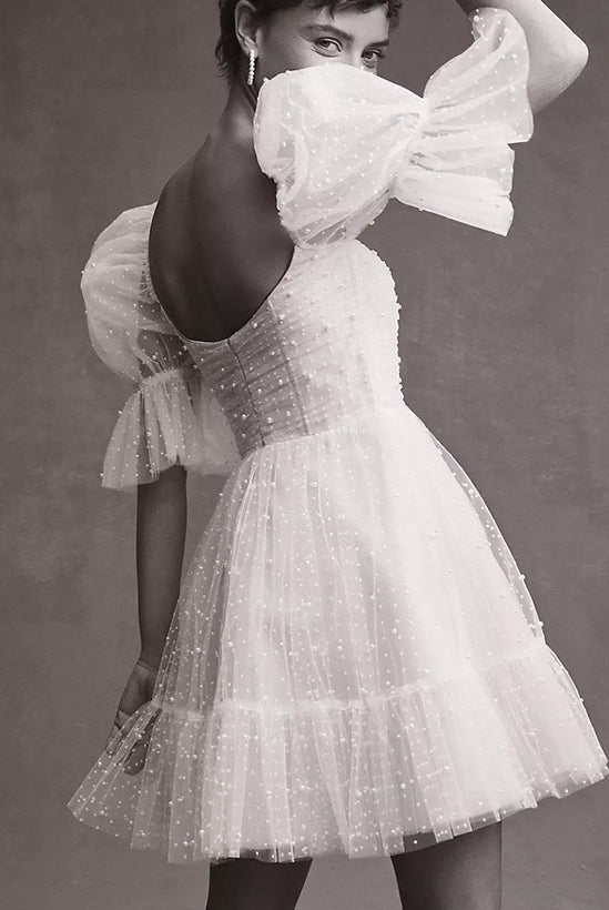 Pearl Short Reception Wedding Dresses With Bubble Sleeves