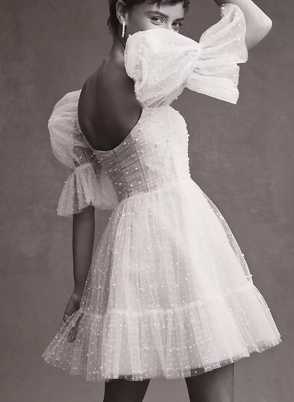 Pearl Short Reception Wedding Dresses With Bubble Sleeves